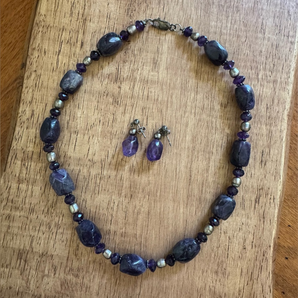 Vintage Purple Amethyst & Gray Freshwater Pearl Beaded Necklace & Earring Set